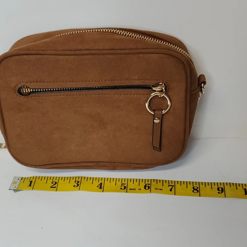 H&M Faux Brown Suede Gold Chain Crossbody Shoulder Bag Gold Accents - Picture 2 of 8